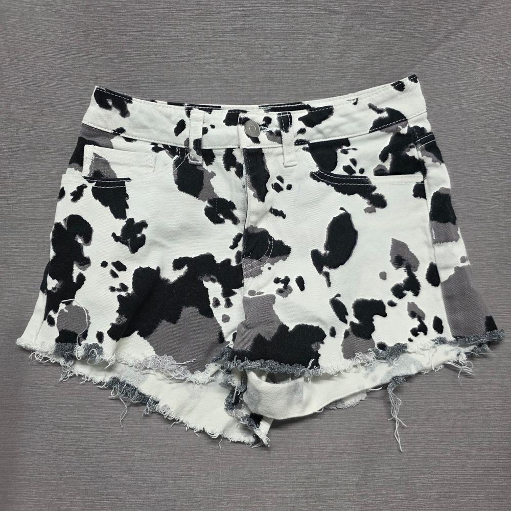 Altard‎ State Cow Print Denim Shorts Women XS Black White Grey Frayed Hem Raw